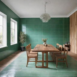 A tastefully designed room featuring glossed green ceramic tiles, complemented with a large wooden table occupying the central space