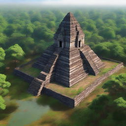 A hyper-realistic depiction of the ancient temple complex of Koh Ker in Cambodia, showcasing its majestic pyramidal structure surrounded by lush greenery and historical ruins