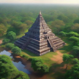 A hyper-realistic depiction of the ancient temple complex of Koh Ker in Cambodia, showcasing its majestic pyramidal structure surrounded by lush greenery and historical ruins