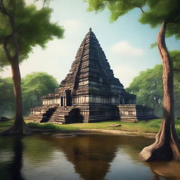 A hyper-realistic depiction of the ancient temple complex of Koh Ker in Cambodia, showcasing its majestic pyramidal structure surrounded by lush greenery and historical ruins