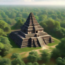 A hyper-realistic depiction of the ancient temple complex of Koh Ker in Cambodia, showcasing its majestic pyramidal structure surrounded by lush greenery and historical ruins