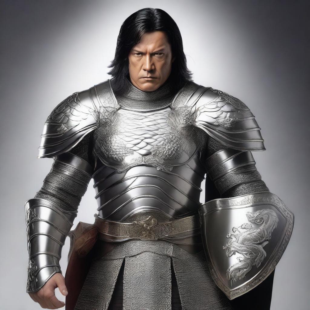 A middle-aged man with black hair wearing a shiny silver breastplate and shoulder armor, along with silver armor cuffs