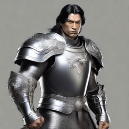 A middle-aged man with black hair wearing a shiny silver breastplate and shoulder armor, along with silver armor cuffs