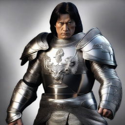 A middle-aged man with black hair wearing a shiny silver breastplate and shoulder armor, along with silver armor cuffs