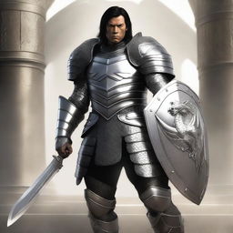 A middle-aged man with black hair wearing a shiny silver breastplate and shoulder armor, along with silver armor cuffs