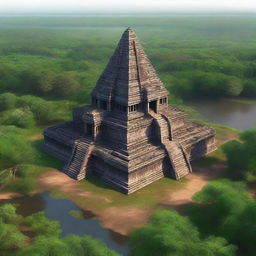 A hyper-realistic depiction of the ancient temple complex of Koh Ker in Cambodia, showcasing its majestic pyramidal structure surrounded by lush greenery and historical ruins