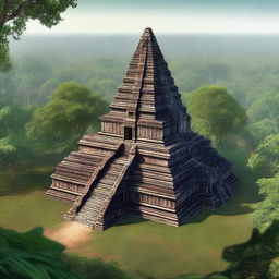 A hyper-realistic depiction of the ancient temple complex of Koh Ker in Cambodia, showcasing its majestic pyramidal structure surrounded by lush greenery and historical ruins