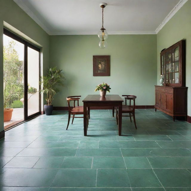 A tastefully designed room with vibrant green floor tiles, complemented with a sturdy, dark mahogany table centered in the room.