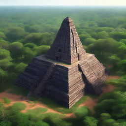 A hyper-realistic depiction of the ancient temple complex of Koh Ker in Cambodia, showcasing its majestic pyramidal structure surrounded by lush greenery and historical ruins