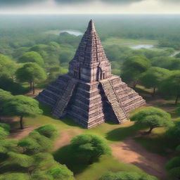 A hyper-realistic depiction of the ancient temple complex of Koh Ker in Cambodia, showcasing its majestic pyramidal structure surrounded by lush greenery and historical ruins