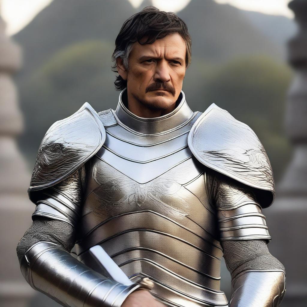 Pedro Pascal wearing shiny silver armor, carrying a mace and holding a shield decorated with a glowing dragon engraving
