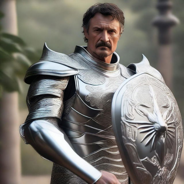 Pedro Pascal wearing shiny silver armor, carrying a mace and holding a shield decorated with a glowing dragon engraving