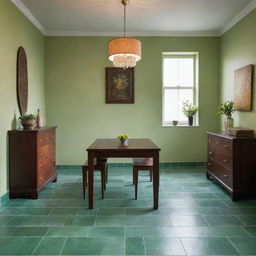 A tastefully designed room with vibrant green floor tiles, complemented with a sturdy, dark mahogany table centered in the room.