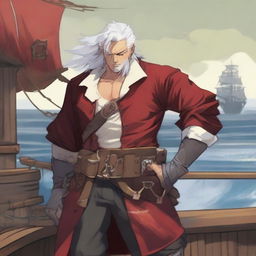 A sea pirate with white hair and Oni horns that start pale yellow and transition into a muddy red