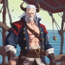 A sea pirate with white hair and Oni horns that start pale yellow and transition into a muddy red