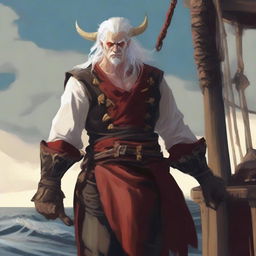 A sea pirate with white hair and Oni horns that start pale yellow and transition into a muddy red