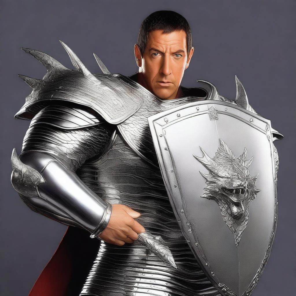 Adam Sandler wearing shiny silver armor, carrying a large mace and holding a shield decorated with a dragon engraving