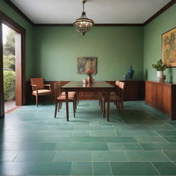 A tastefully designed room with vibrant green floor tiles, complemented with a sturdy, dark mahogany table centered in the room.