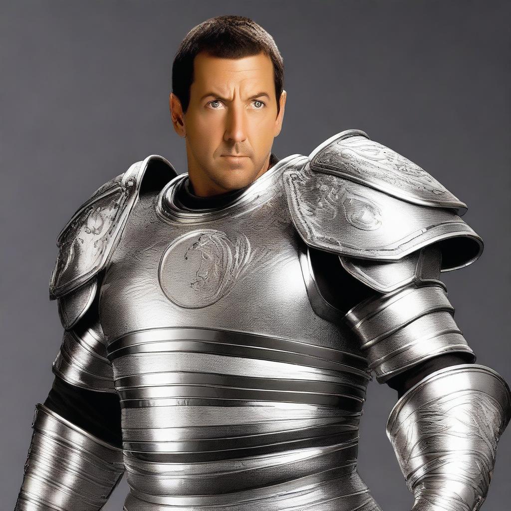 Adam Sandler wearing shiny silver armor, carrying a large mace and holding a shield decorated with a dragon engraving