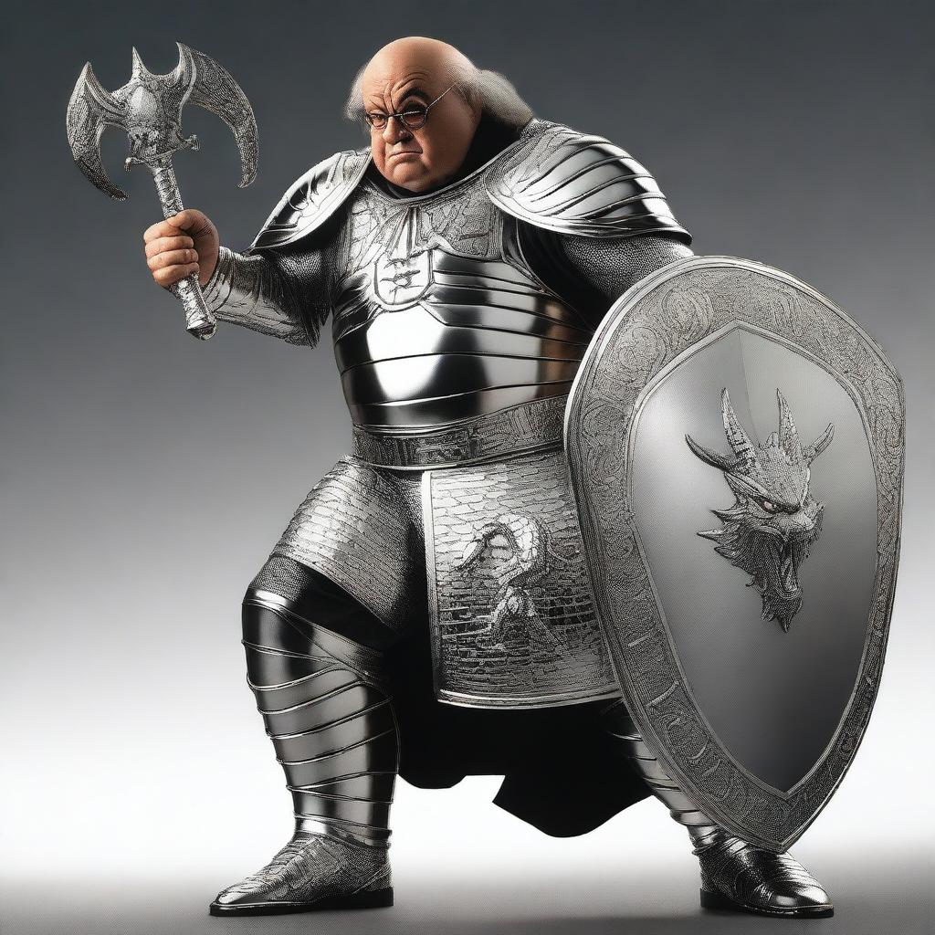 Danny DeVito wearing shiny silver armor, carrying a large mace and holding a shield decorated with a dragon engraving