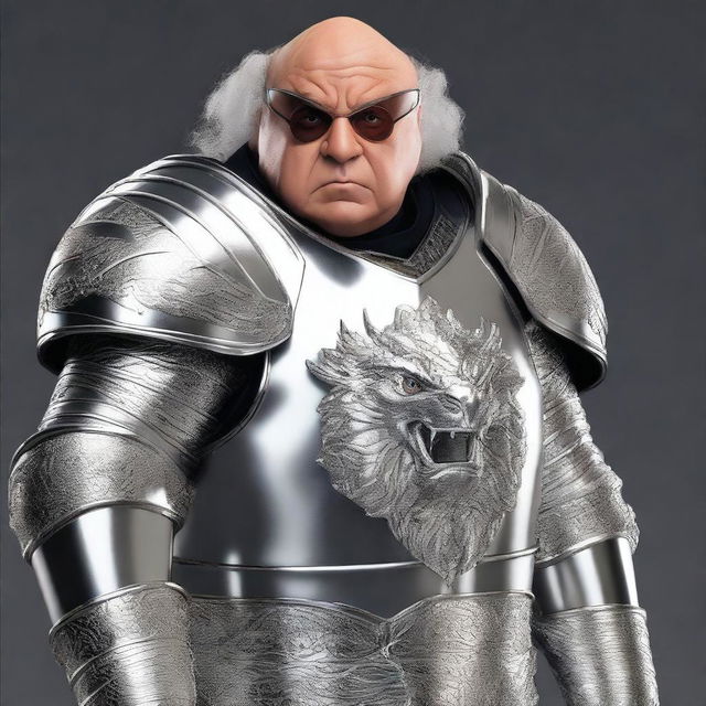 Danny DeVito wearing shiny silver armor, carrying a large mace and holding a shield decorated with a dragon engraving