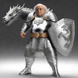 Danny DeVito wearing shiny silver armor, carrying a large mace and holding a shield decorated with a dragon engraving