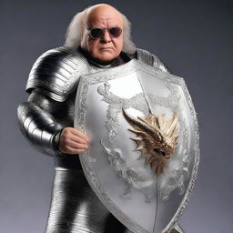 Danny DeVito wearing shiny silver armor, carrying a large mace and holding a shield decorated with a dragon engraving