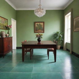 A tastefully designed room with vibrant green floor tiles, complemented with a sturdy, dark mahogany table centered in the room.