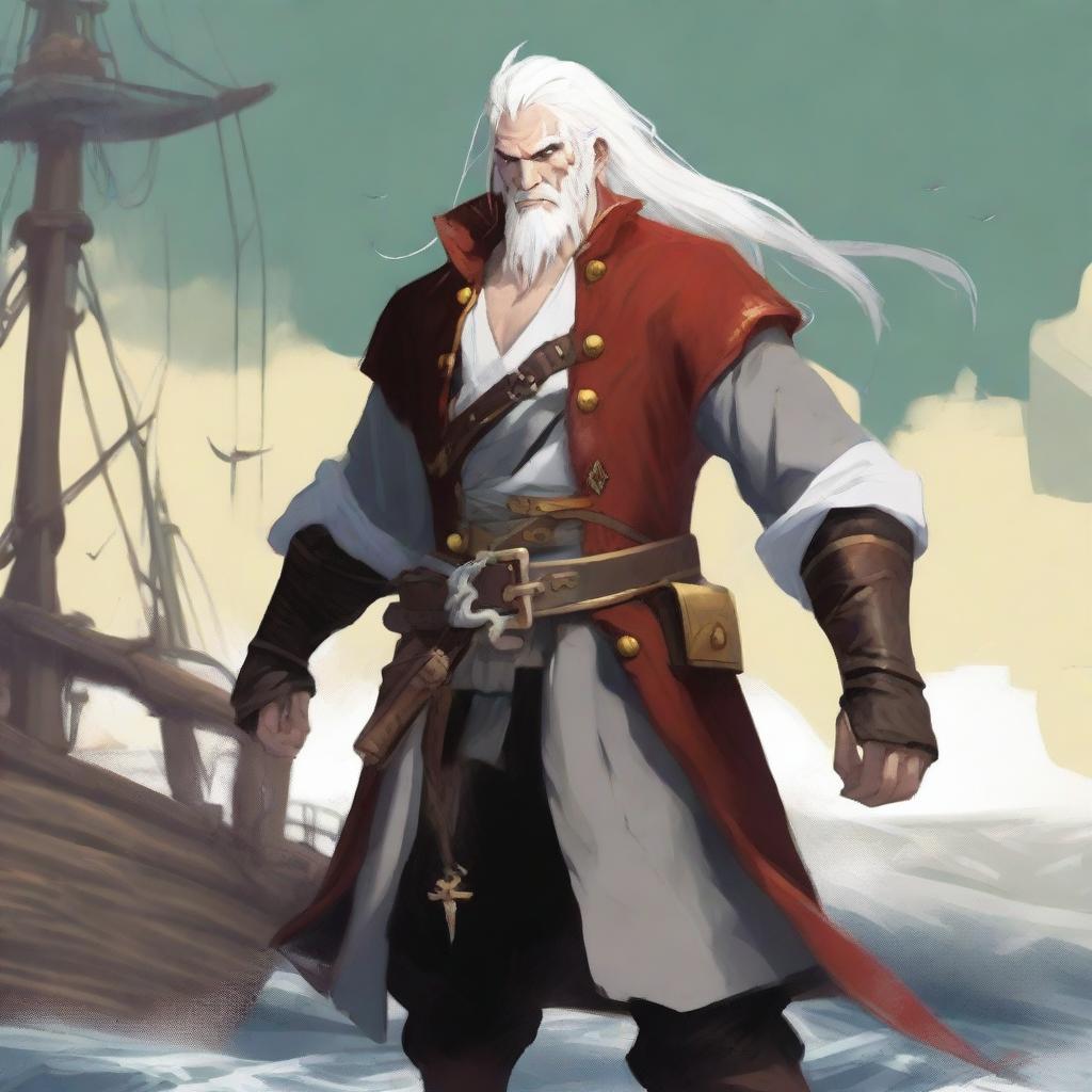 A sea pirate cultist with white hair and a slimmer body