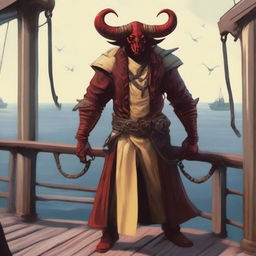 A sea cultist with a slimmer body and long Oni horns on his head that start pale yellow and transition into a muddy red