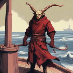 A sea cultist with a slimmer body and long Oni horns on his head that start pale yellow and transition into a muddy red