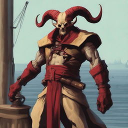 A sea cultist with a slimmer body and long Oni horns on his head that start pale yellow and transition into a muddy red