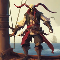 A pirate with a slimmer body and long Oni horns coming out of his head that start pale yellow and transition into a muddy red