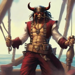 A pirate with a slimmer body and long Oni horns coming out of his head that start pale yellow and transition into a muddy red