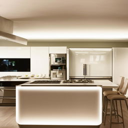 Futuristic, modern kitchen with state-of-the-art appliances, an island countertop, soft white lighting, and sleek cabinets.