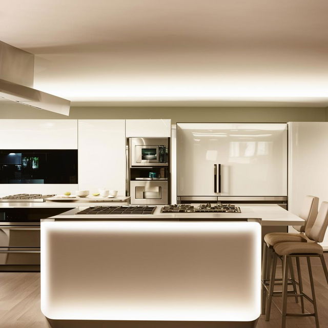 Futuristic, modern kitchen with state-of-the-art appliances, an island countertop, soft white lighting, and sleek cabinets.