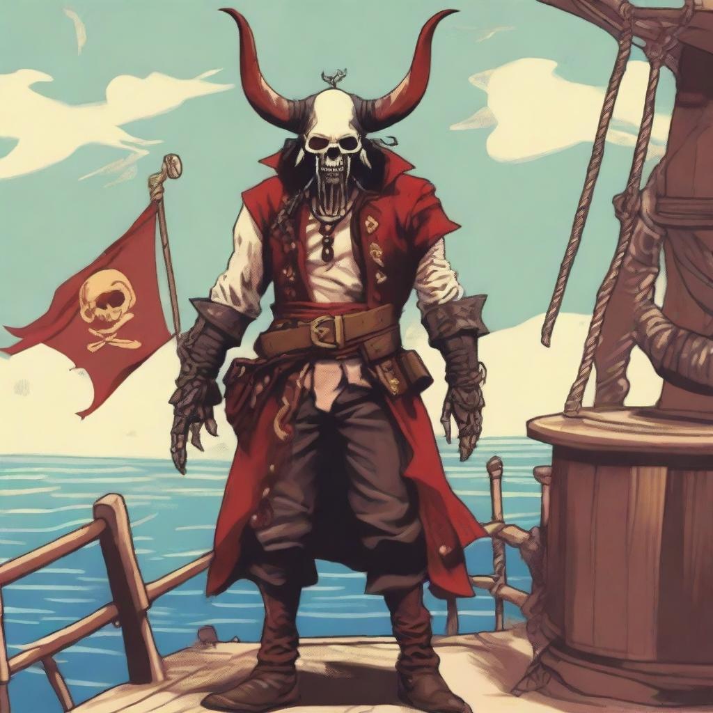 A sea pirate with a slimmer body and long Oni horns coming out of his head that start pale yellow and transition into a muddy red