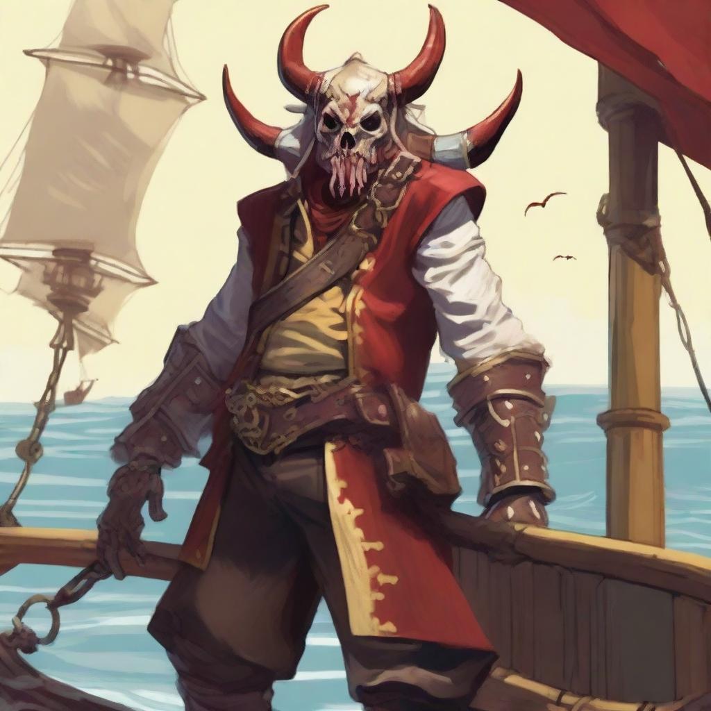 A sea pirate with a slimmer body and long Oni horns coming out of his head that start pale yellow and transition into a muddy red