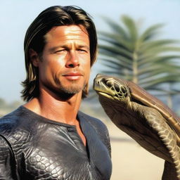 Brad Pitt depicted with scaly skin like a sea turtle