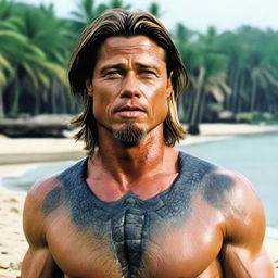 Brad Pitt depicted with scaly skin like a sea turtle