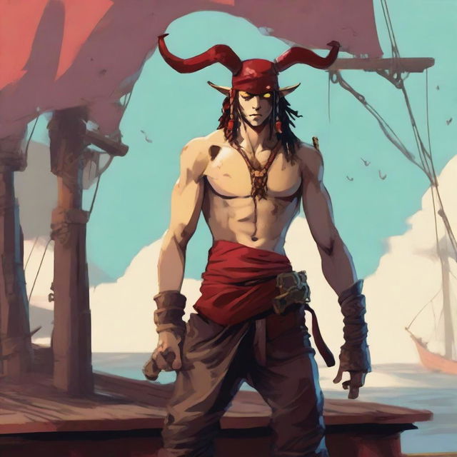 A young sea pirate with a slimmer body and Oni horns that start pale yellow and transition into a muddy red