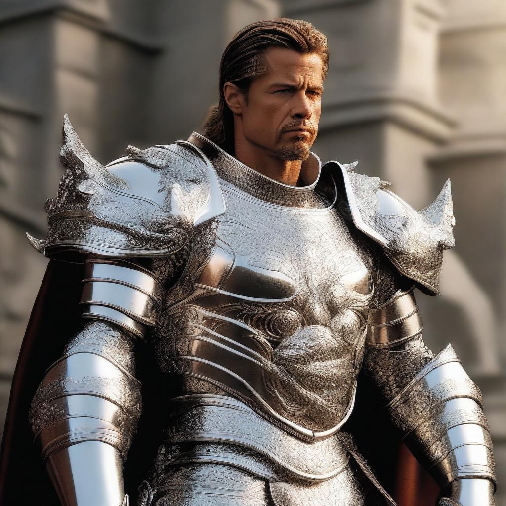 A realistic depiction of Brad Pitt wearing shiny silver armor, carrying a mace in one hand and a shield decorated with a dragon engraving in the other