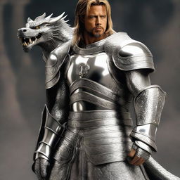 A realistic depiction of Brad Pitt wearing shiny silver armor, carrying a mace in one hand and a shield decorated with a dragon engraving in the other