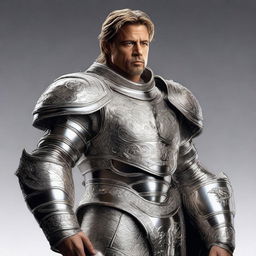 A realistic depiction of Brad Pitt wearing shiny silver armor, carrying a mace in one hand and a shield decorated with a dragon engraving in the other