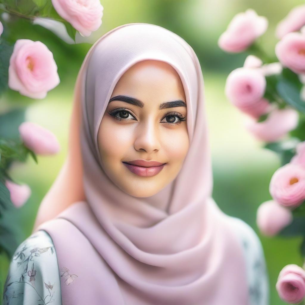 A beautiful girl wearing a hijab, with a serene and gentle expression on her face