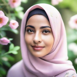 A beautiful girl wearing a hijab, with a serene and gentle expression on her face