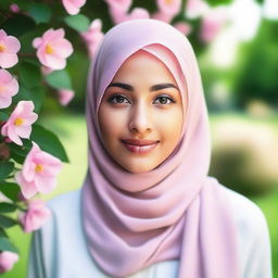 A beautiful girl wearing a hijab, with a serene and gentle expression on her face