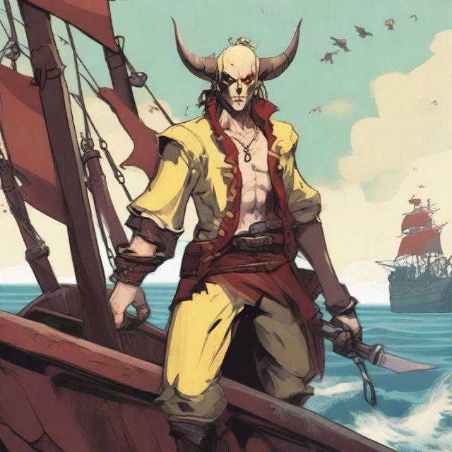 A young sea pirate with a slimmer body and Oni horns that are pale yellow transitioning into muddy red