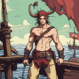 A young sea pirate with a slimmer body and Oni horns that are pale yellow transitioning into muddy red