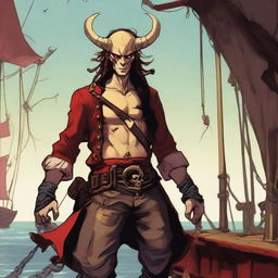 A young sea pirate with a slimmer body and Oni horns that are pale yellow transitioning into muddy red